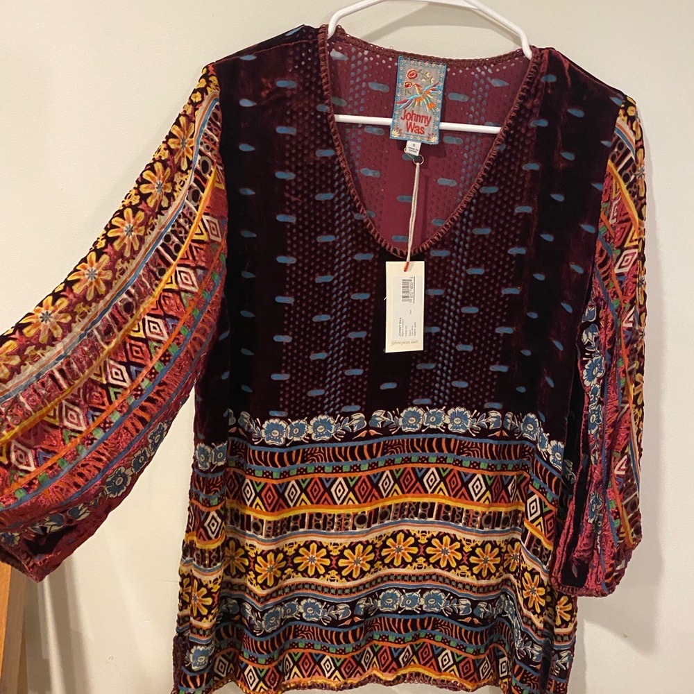Johnny Was Embroidered Maroon and Blue Blouse